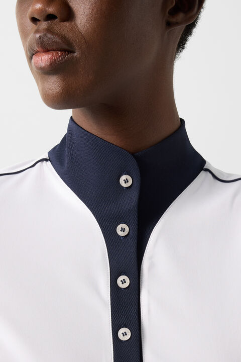 Katrina Functional Short-Sleeved Top In White/Navy Blue