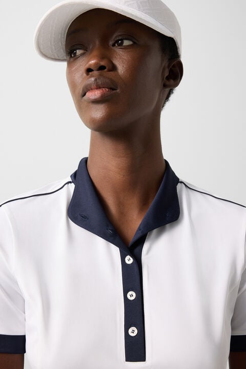 Katrina Functional Short-Sleeved Top In White/Navy Blue