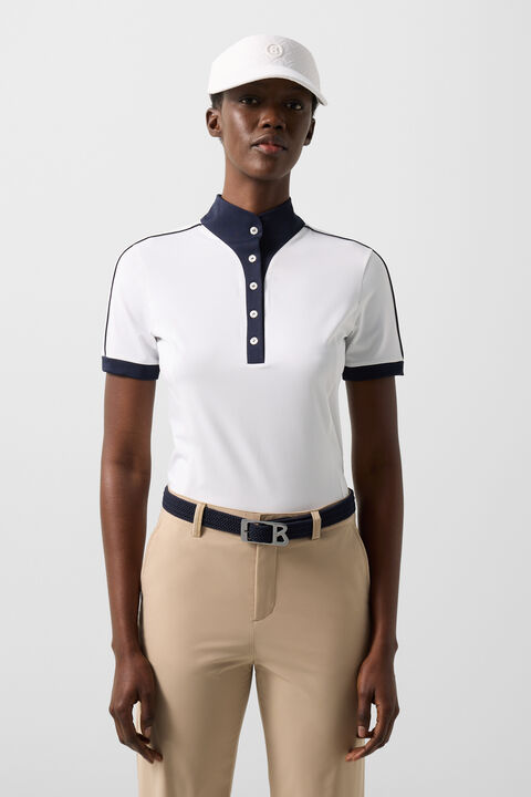 Katrina Functional Short-Sleeved Top In White/Navy Blue