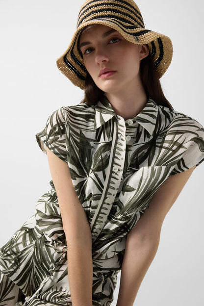 Charlet Linen Blouse In Olive Green/Cream