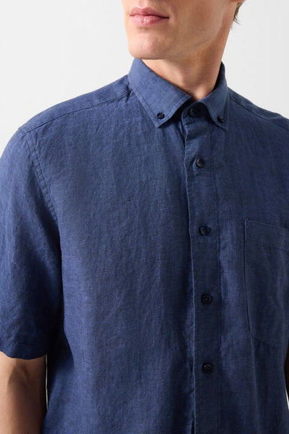 Linen Short-Sleeved Shirt Lykos In Navy Blue