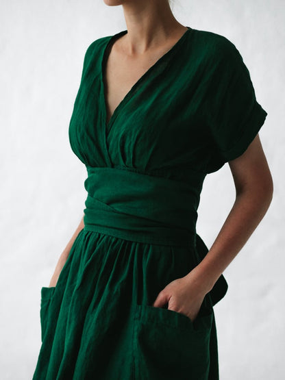 Linen Solid Lace Up Dress