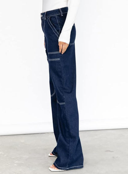 Dokotoo Women's Casual Mid Waist Cargo Jeans Stretch Wide Leg Denim Pants with Pockets