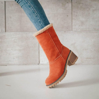 Women's Solid Color Fuzzy Boots, Soft Sole Chunky Heel Fleece Lining Boots, Winter Non-slip Snow Boots