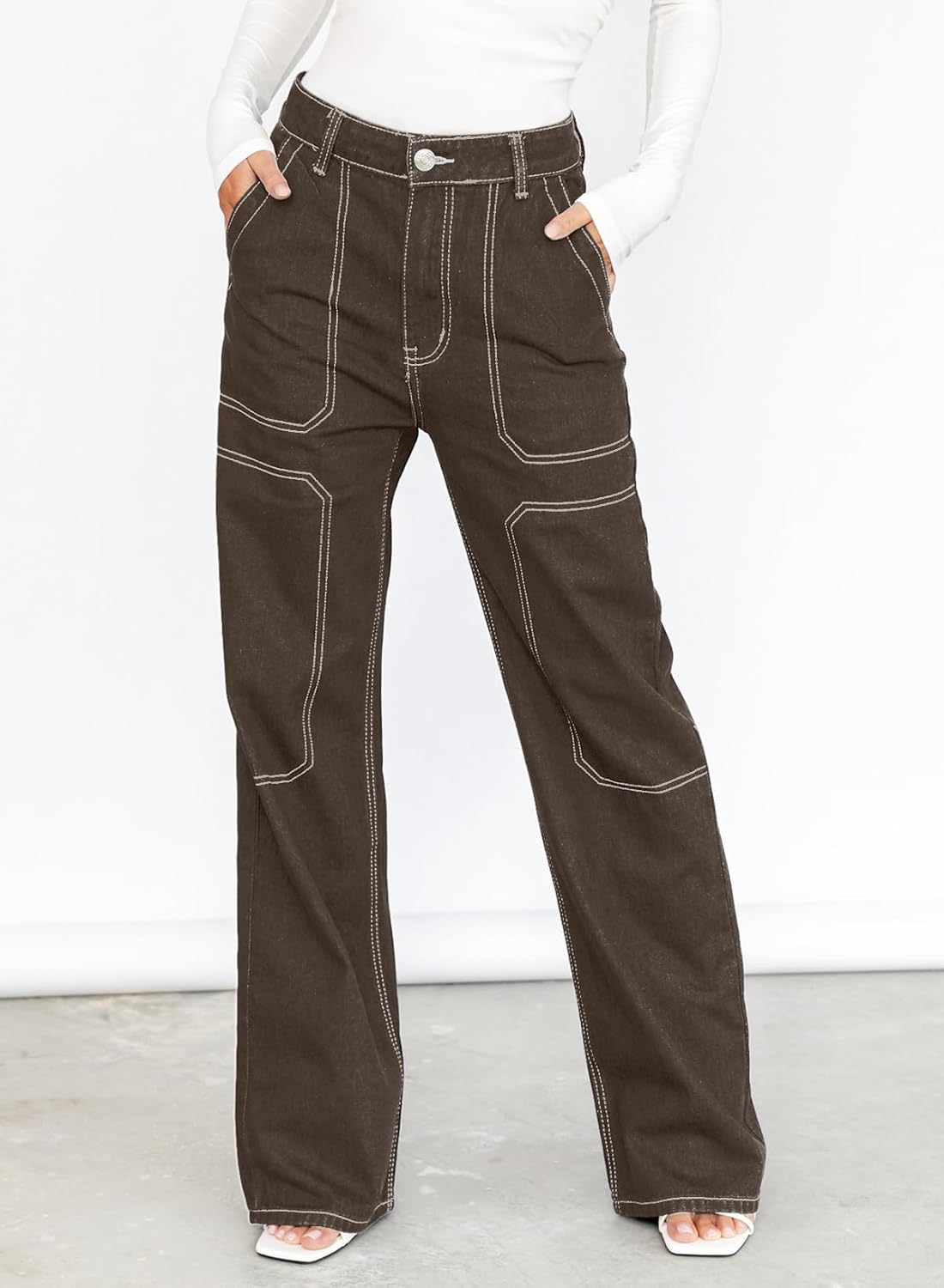 Dokotoo Women's Casual Mid Waist Cargo Jeans Stretch Wide Leg Denim Pants with Pockets