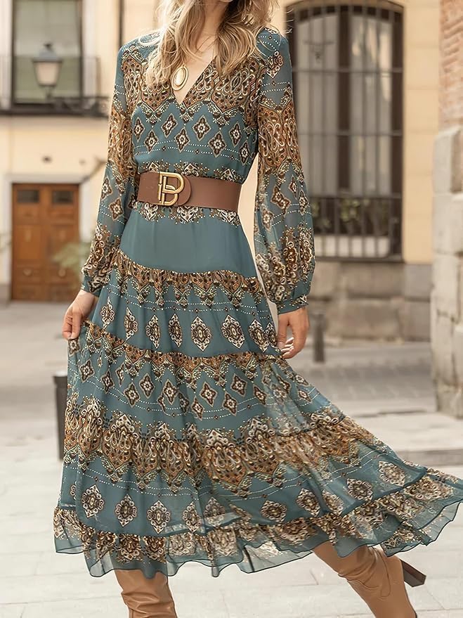 Women's Flowy Ethnic Puff Long Sleeve Midi Dress Casual Boho Floral Swing V-Neck Vacation Ruffle Dress with Belt