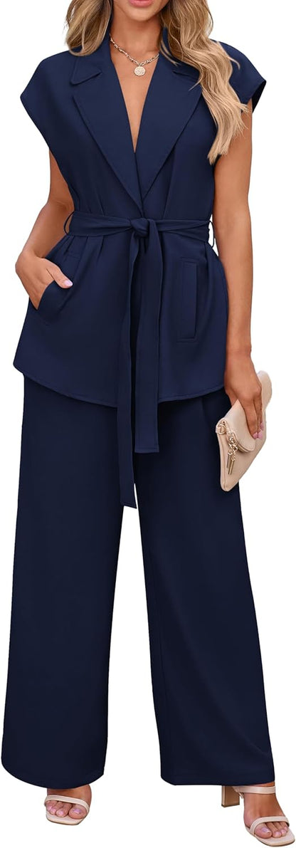 PRETTYGARDEN Women's Summer 2 Piece Outfits 2025 Cap Sleeve V Neck Blazer Vest Wide Leg Pant Sets Office Work Clothes