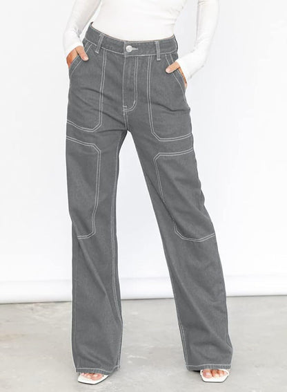 Dokotoo Women's Casual Mid Waist Cargo Jeans Stretch Wide Leg Denim Pants with Pockets