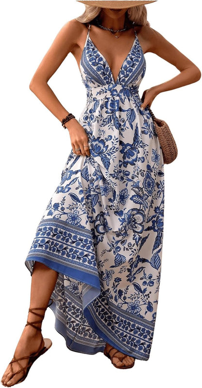 MakeMeChic Women's Boho V Neck Sleeveless Maxi Sundress Floral Print Criss Cross Backless Flare Cami Dress