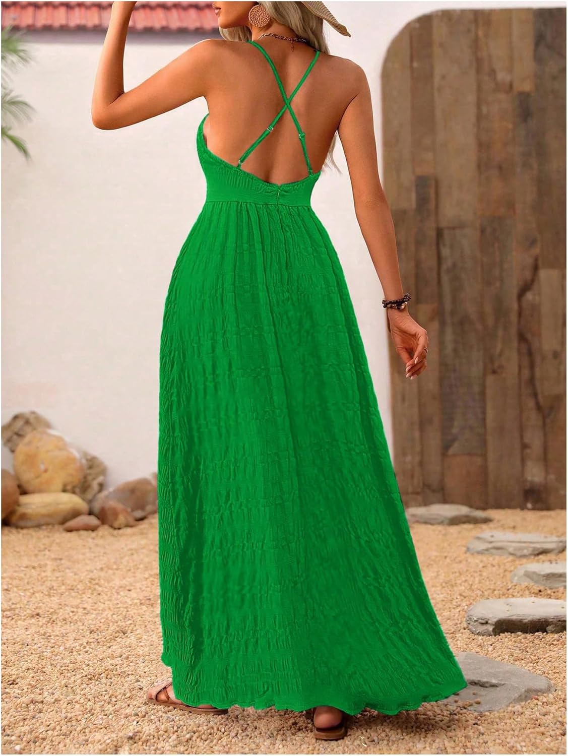 MakeMeChic Women's Boho V Neck Sleeveless Maxi Sundress Floral Print Criss Cross Backless Flare Cami Dress