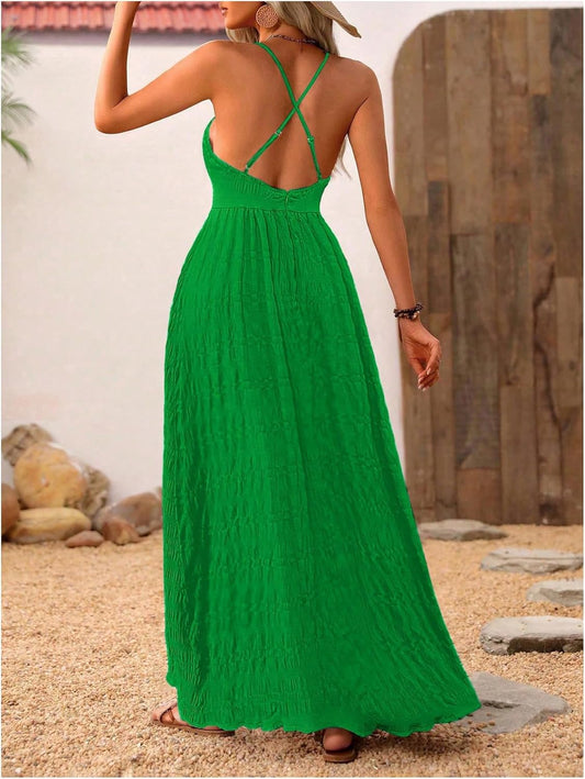MakeMeChic Women's Boho V Neck Sleeveless Maxi Sundress Floral Print Criss Cross Backless Flare Cami Dress