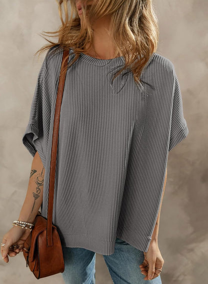 Dokotoo Women's Casual Oversized Short Sleeve Solid Color Loose Texture Knit Tunic Tops Blouses