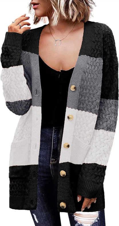 Zeagoo Womens 2024 Long Sleeve Chunky Cable Knit Fall Cardigans Sweaters Button Down Open Front Outerwear with Pockets