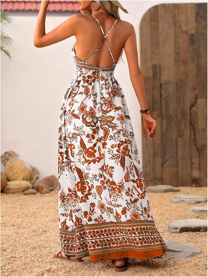 MakeMeChic Women's Boho V Neck Sleeveless Maxi Sundress Floral Print Criss Cross Backless Flare Cami Dress
