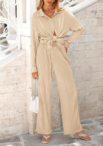 Women's 2 Piece Textured Sets Casual Button Down Shirt Wide Leg Pants Outfit Loungewear Tracksuit