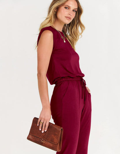 ANRABESS Crewneck Sleeveless Stretchy Jumpsuits Rompers with Pockets