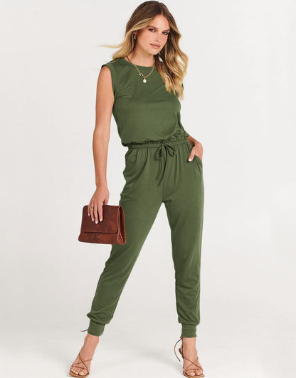 ANRABESS Crewneck Sleeveless Stretchy Jumpsuits Rompers with Pockets