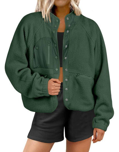 ANRABESS Womens Fleece Jacket Button Down Shacket Casual Sherpa Cropped Coats Warm Outwear with Pockets