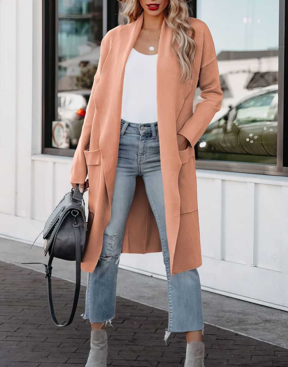 ANRABESS Women's Casual Long Sleeve Draped Open Front Knit Pockets Long Cardigan Jackets Sweater