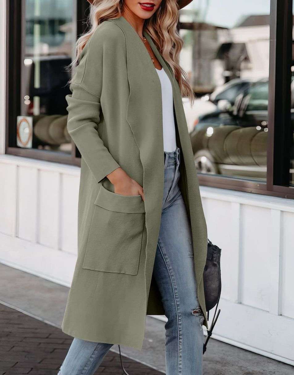 ANRABESS Women's Casual Long Sleeve Draped Open Front Knit Pockets Long Cardigan Jackets Sweater