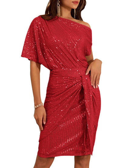 ⏰Hot Sale-Women's Sequin Sparkly Glitter One Shoulder Ruched Bodycon Dress(Buy 2 Free Shipping)