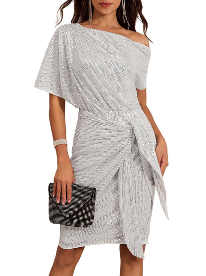 ⏰Hot Sale-Women's Sequin Sparkly Glitter One Shoulder Ruched Bodycon Dress(Buy 2 Free Shipping)