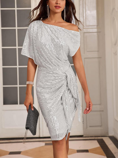 ⏰Hot Sale-Women's Sequin Sparkly Glitter One Shoulder Ruched Bodycon Dress(Buy 2 Free Shipping)