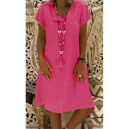🔥49%- Cotton-Polyester Blend Dresses Casual V Neck Midi Dress🔥